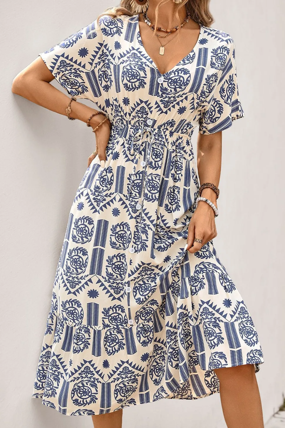 Vestido de Verão Decote em V Azul Linha-A Midi Mangas Curtas