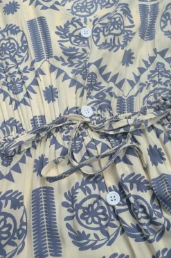 Vestido de Verão Decote em V Azul Linha-A Midi Mangas Curtas
