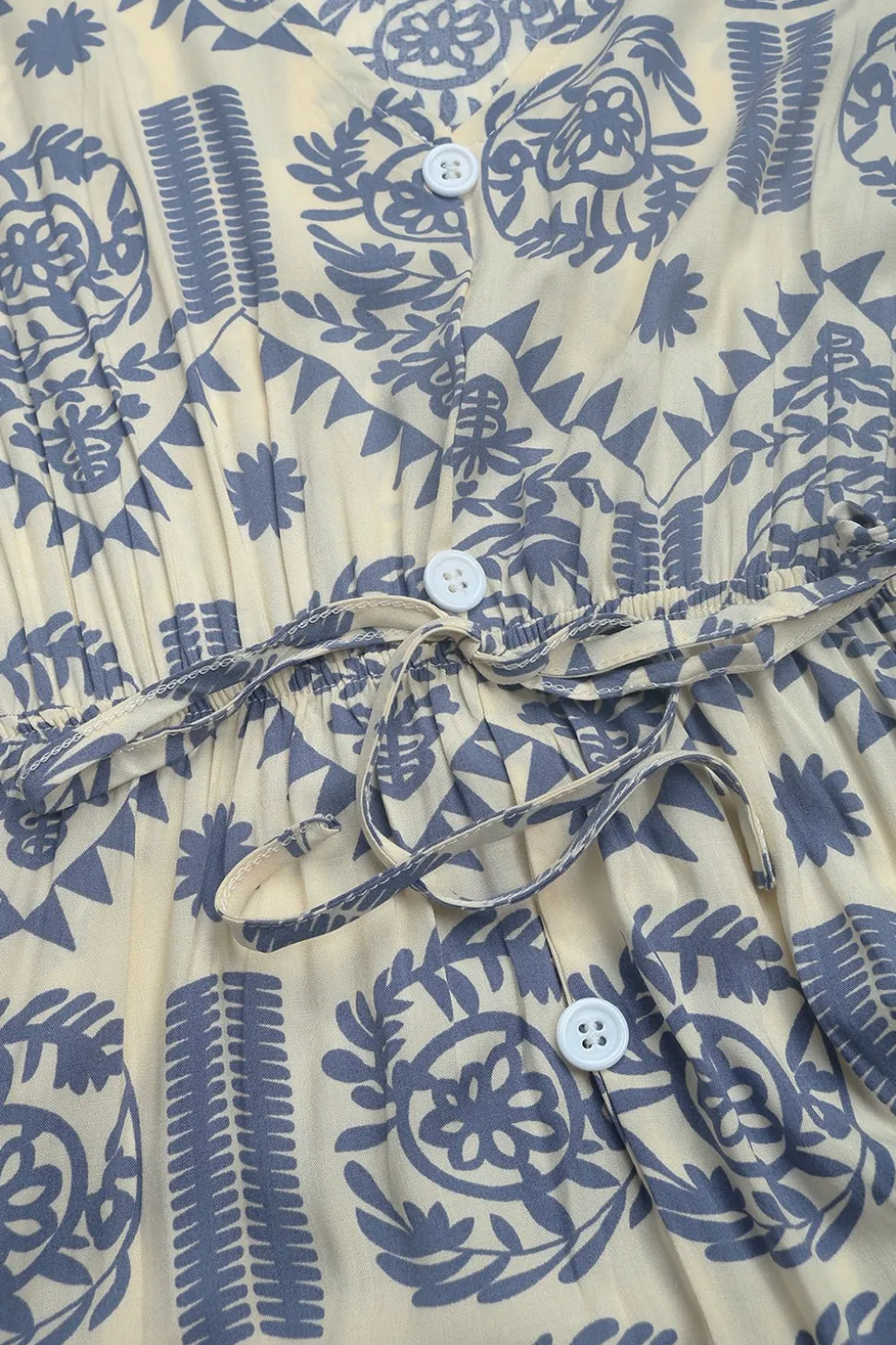 Vestido de Verão Decote em V Azul Linha-A Midi Mangas Curtas