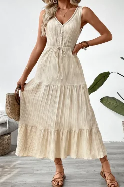 Vestido de Verão Decote em V Damasco Linha-A Longo