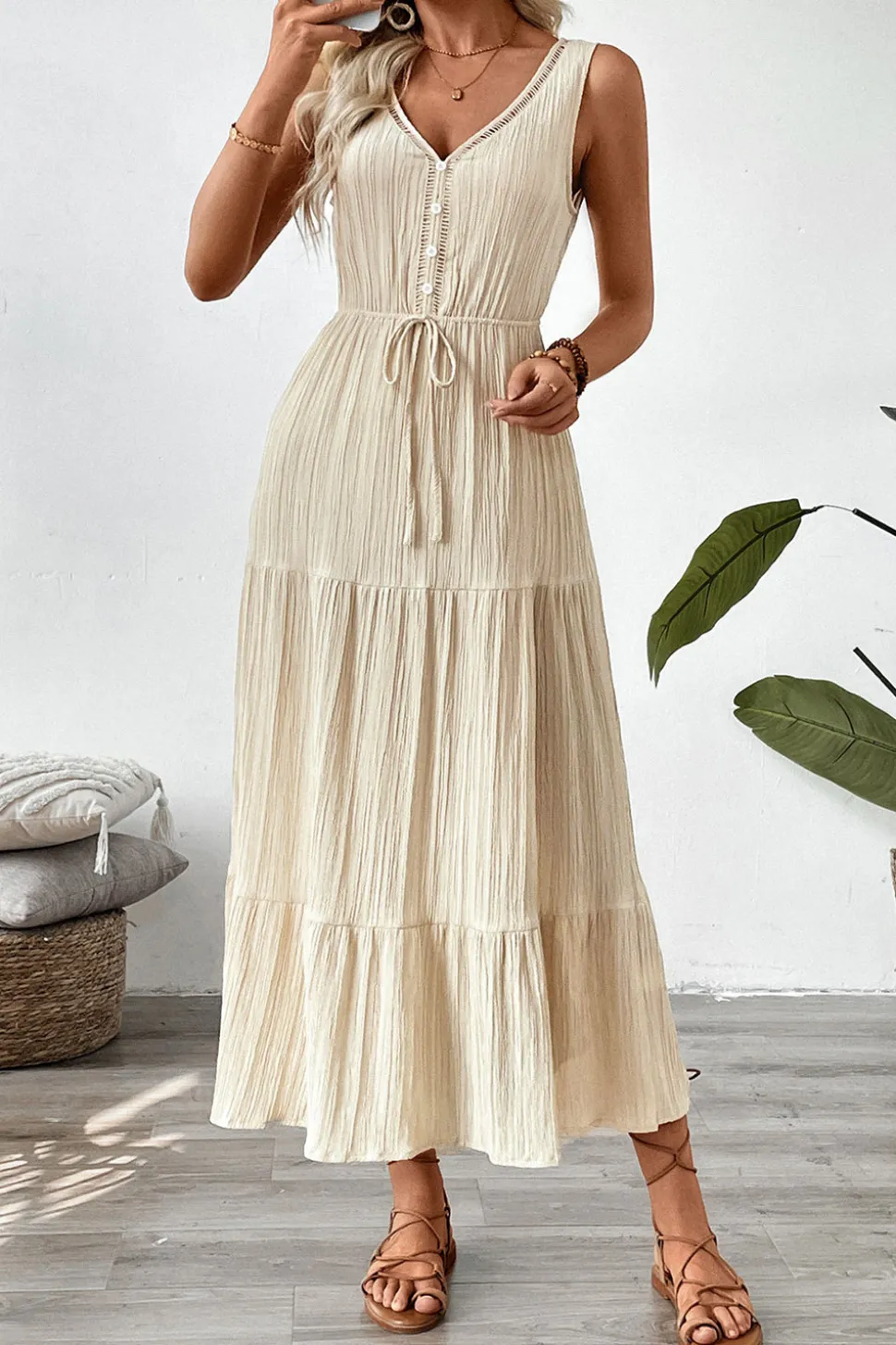 Vestido de Verão Decote em V Damasco Linha-A Longo