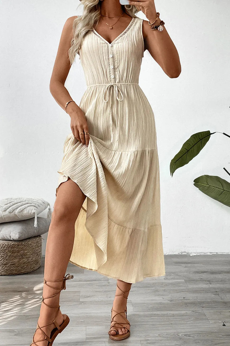 Vestido de Verão Decote em V Damasco Linha-A Longo