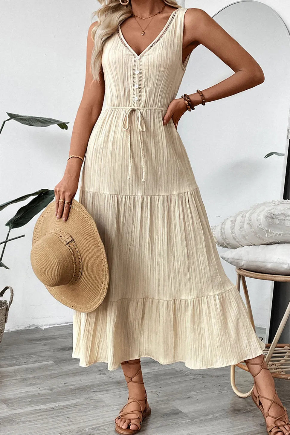 Vestido de Verão Decote em V Damasco Linha-A Longo