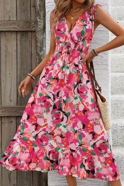 Vestido de Verão Fúcsia Floral Decote em V Midi Linha-A