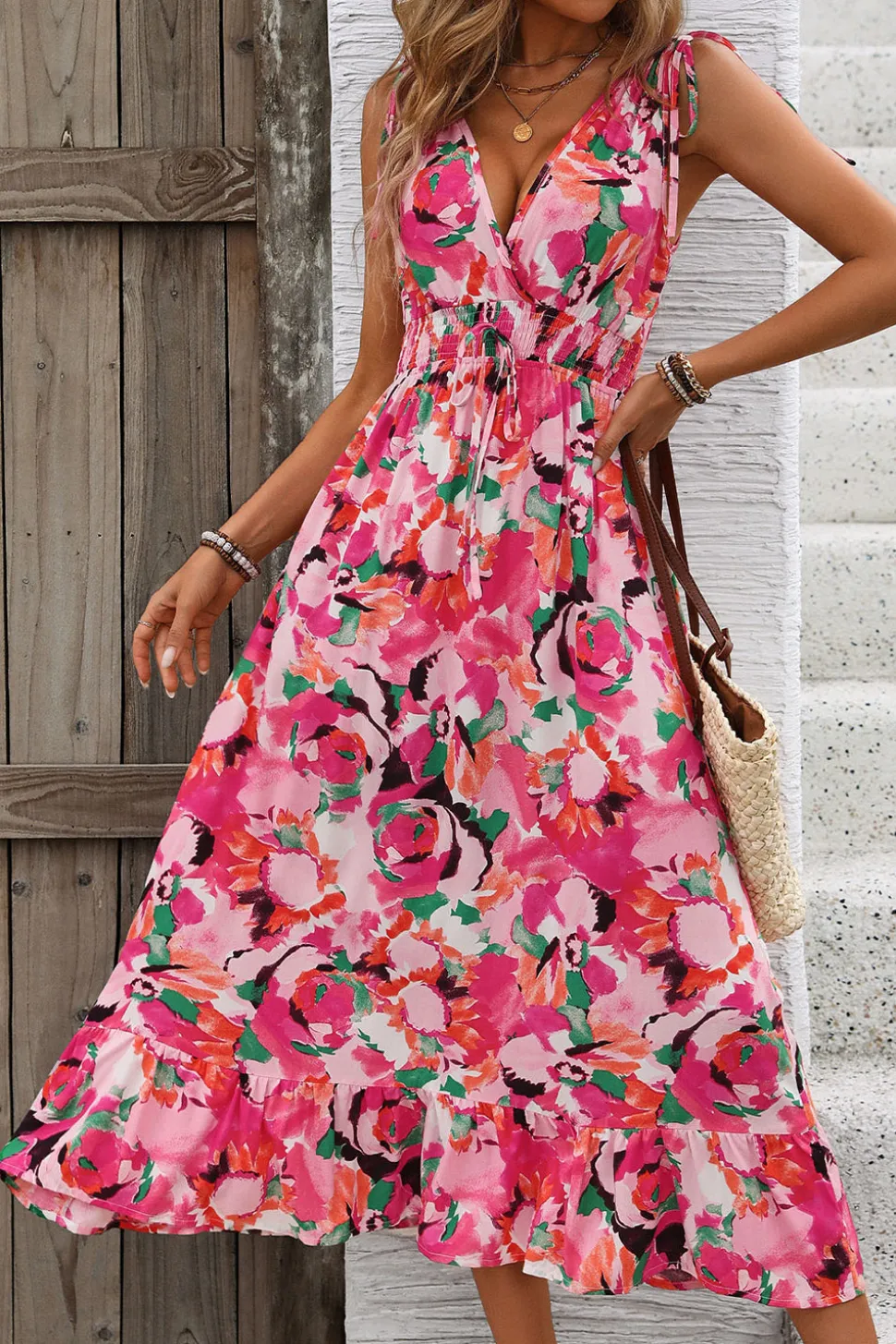 Vestido de Verão Fúcsia Floral Decote em V Midi Linha-A