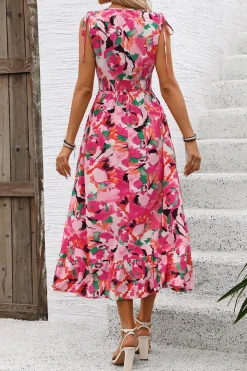Vestido de Verão Fúcsia Floral Decote em V Midi Linha-A