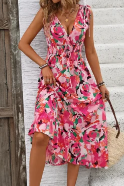 Vestido de Verão Fúcsia Floral Decote em V Midi Linha-A