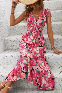 Vestido de Verão Fúcsia Floral Decote em V Midi Linha-A