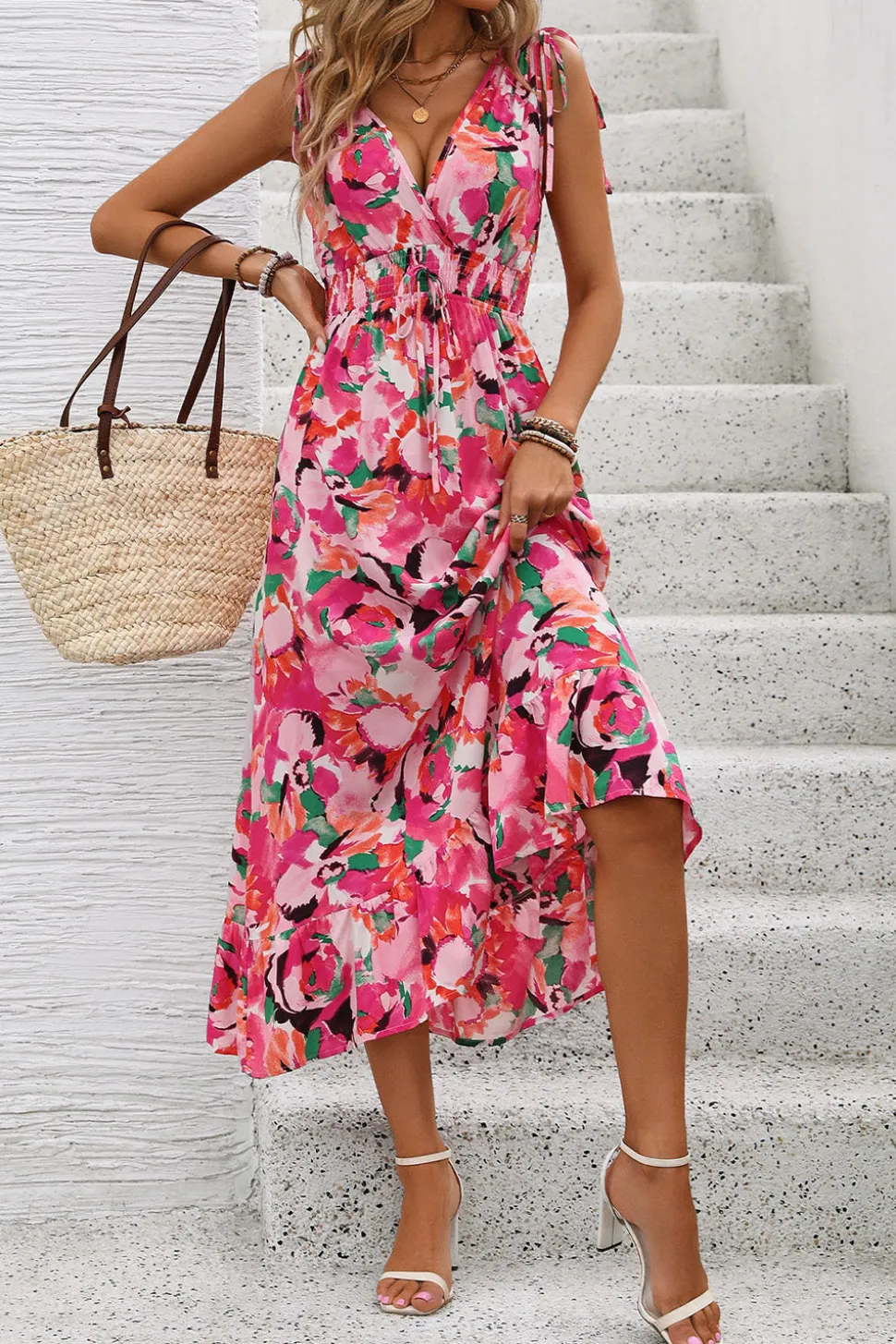 Vestido de Verão Fúcsia Floral Decote em V Midi Linha-A