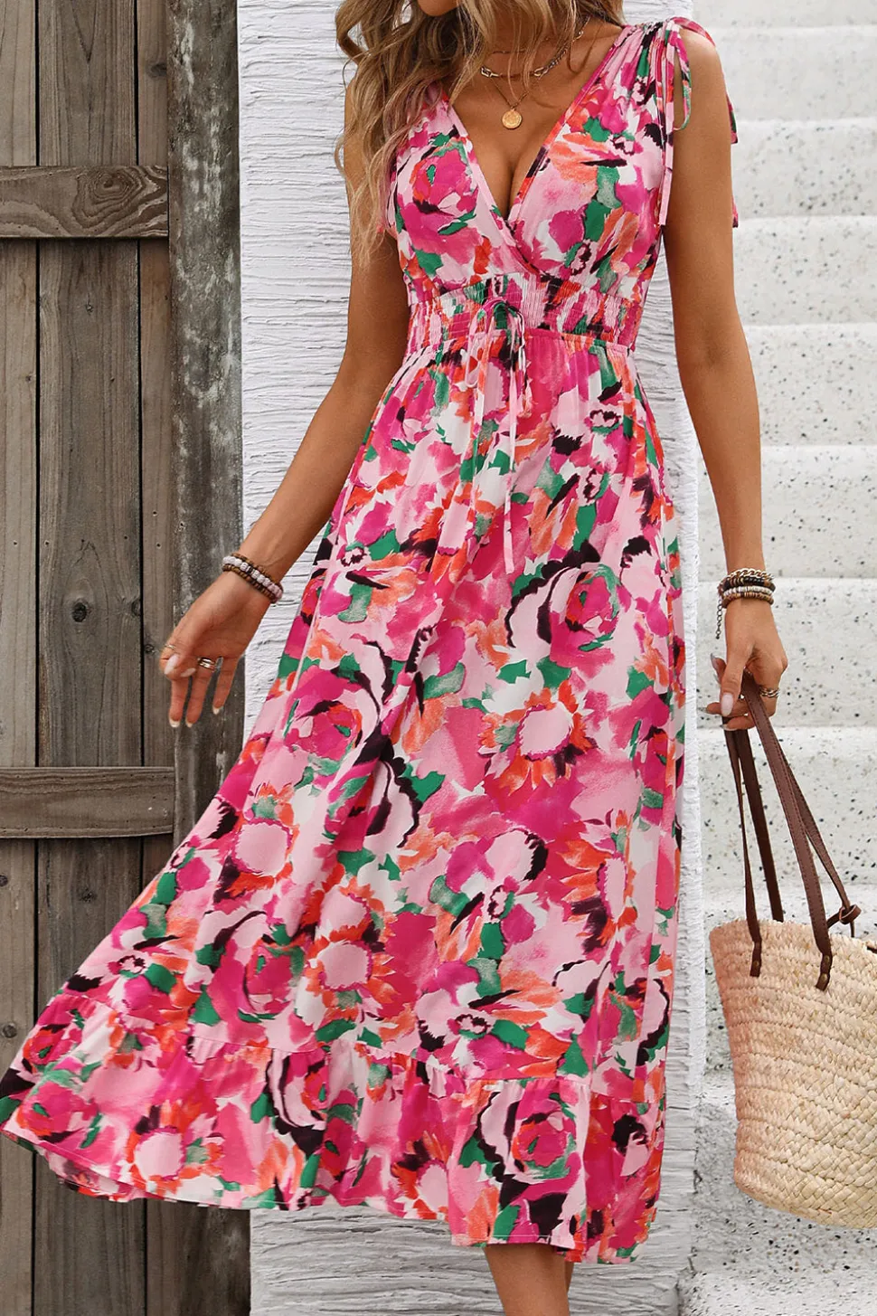 Vestido de Verão Fúcsia Floral Decote em V Midi Linha-A