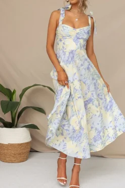 Vestido de Verão Flor Azul Amarela Midi Linha-A