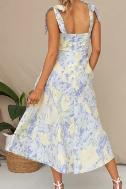 Vestido de Verão Flor Azul Amarela Midi Linha-A