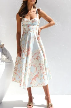 Vestido de Verão Flor Azul Amarela Midi Linha-A