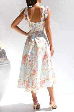 Vestido de Verão Flor Azul Amarela Midi Linha-A