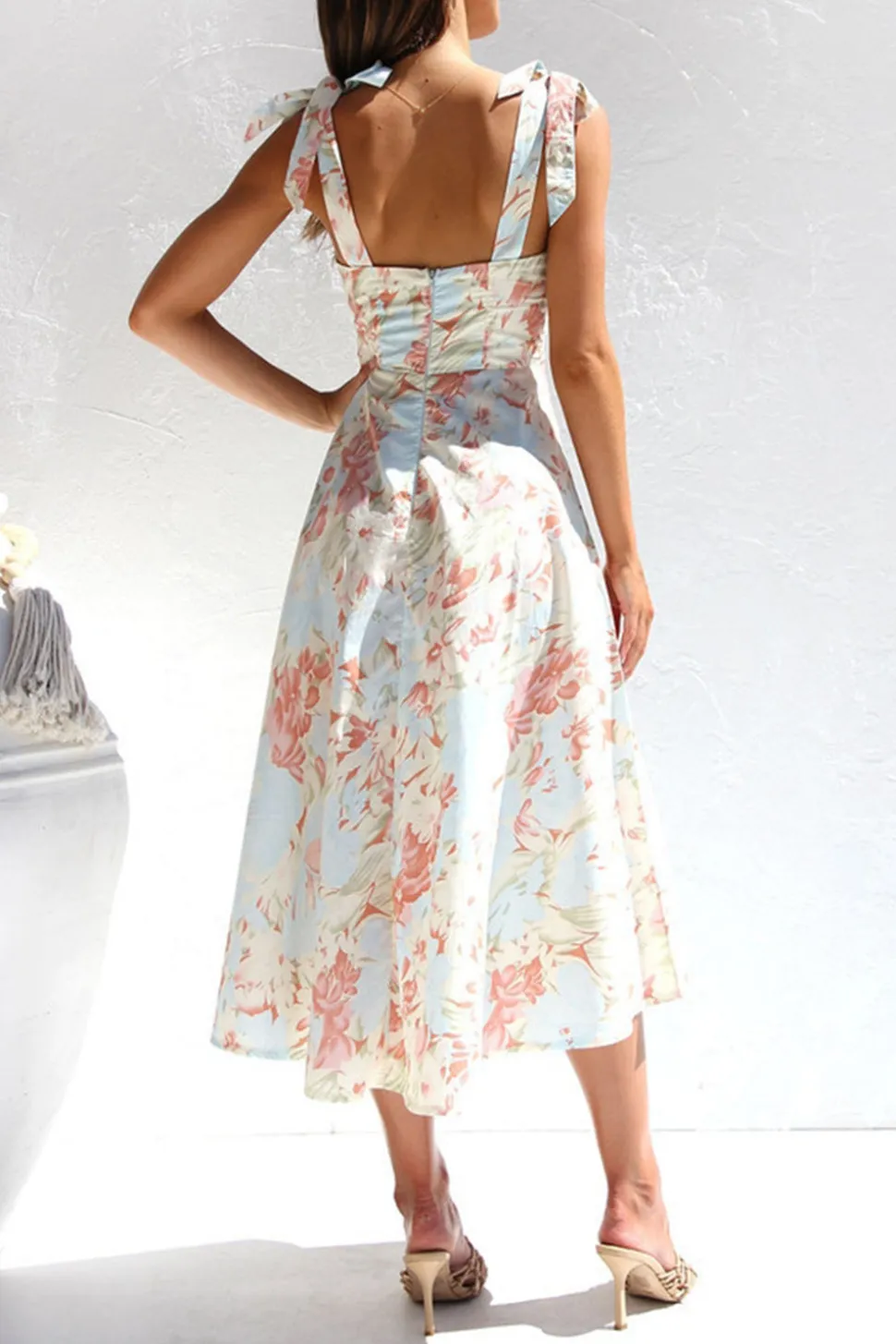 Vestido de Verão Flor Azul Amarela Midi Linha-A