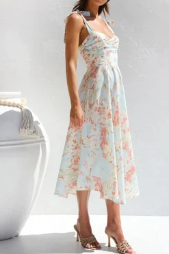 Vestido de Verão Flor Azul Amarela Midi Linha-A