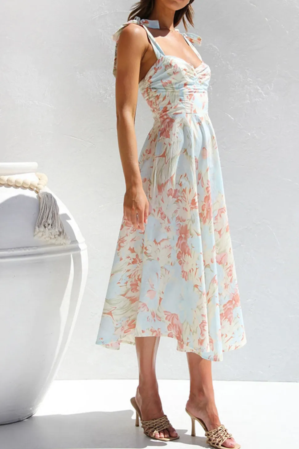 Vestido de Verão Flor Azul Amarela Midi Linha-A