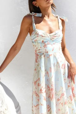 Vestido de Verão Flor Azul Amarela Midi Linha-A