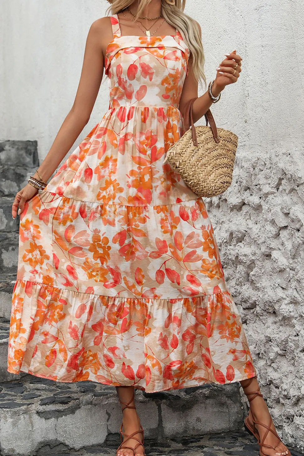 Vestido de Verão Laranja Floral Midi Pescoço Quadrado Linha-A