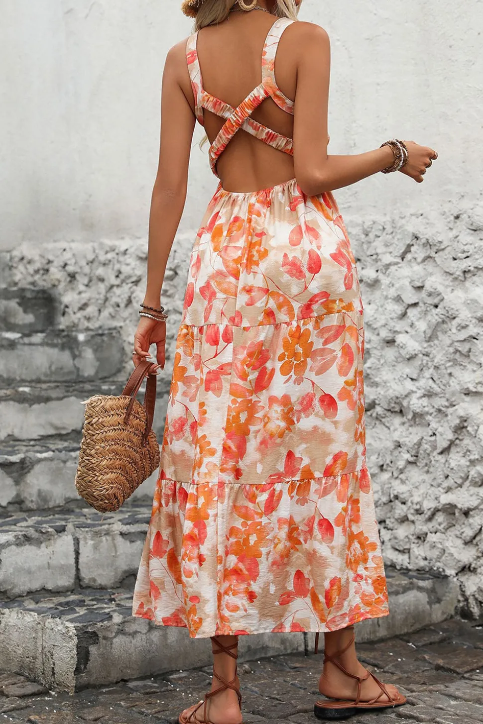 Vestido de Verão Laranja Floral Midi Pescoço Quadrado Linha-A
