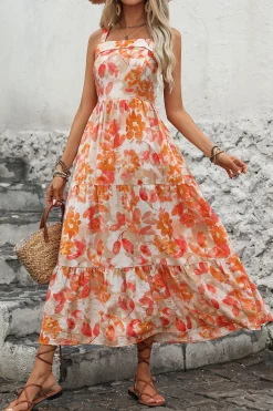 Vestido de Verão Laranja Floral Midi Pescoço Quadrado Linha-A