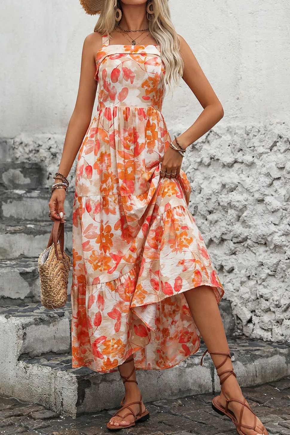 Vestido de Verão Laranja Floral Midi Pescoço Quadrado Linha-A