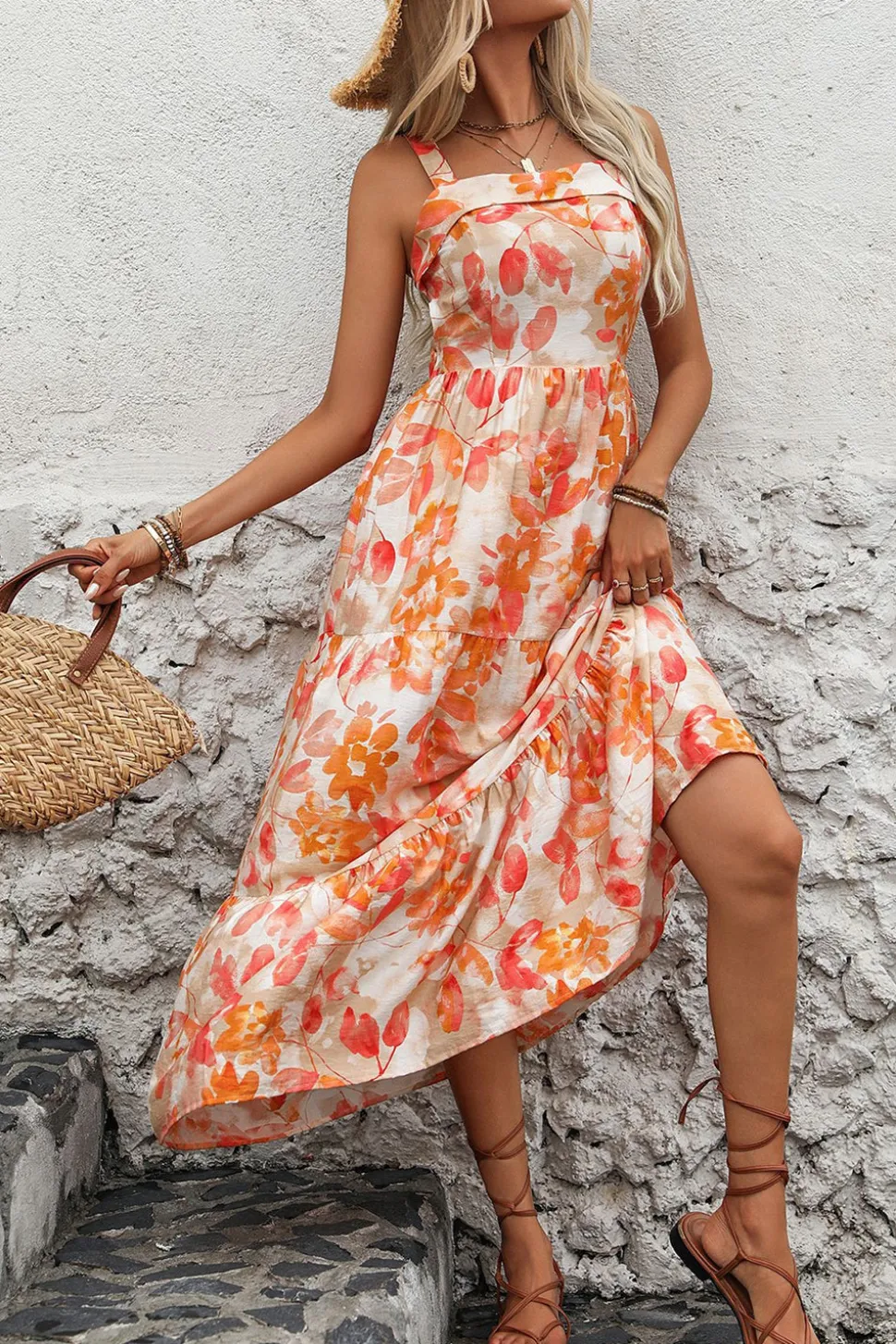 Vestido de Verão Laranja Floral Midi Pescoço Quadrado Linha-A