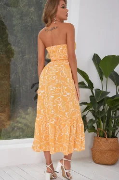Vestido de verão sem alças impresso amarelo