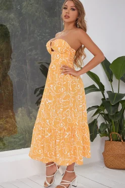 Vestido de verão sem alças impresso amarelo