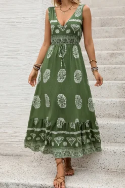 Vestido de Verão Verde Exército Linha-A Decote em V Longo