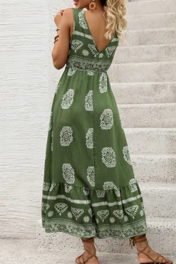 Vestido de Verão Verde Exército Linha-A Decote em V Longo