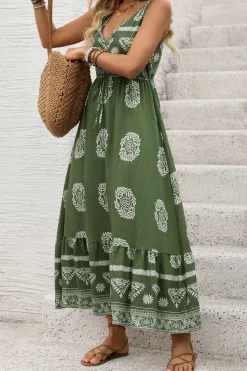 Vestido de Verão Verde Exército Linha-A Decote em V Longo