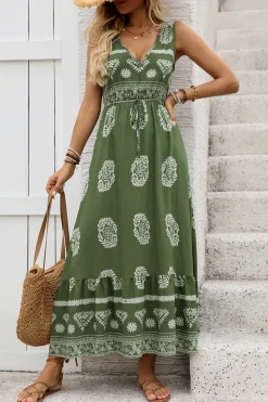 Vestido de Verão Verde Exército Linha-A Decote em V Longo