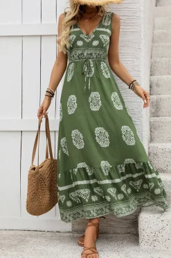 Vestido de Verão Verde Exército Linha-A Decote em V Longo