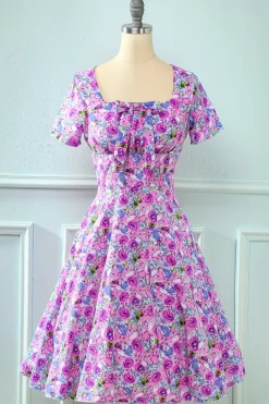Vestido de verão vintage de pescoço quadrado floral