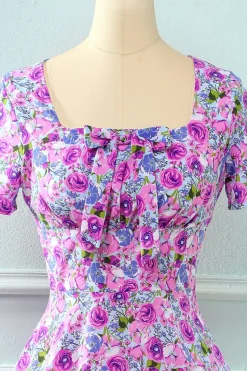 Vestido de verão vintage de pescoço quadrado floral