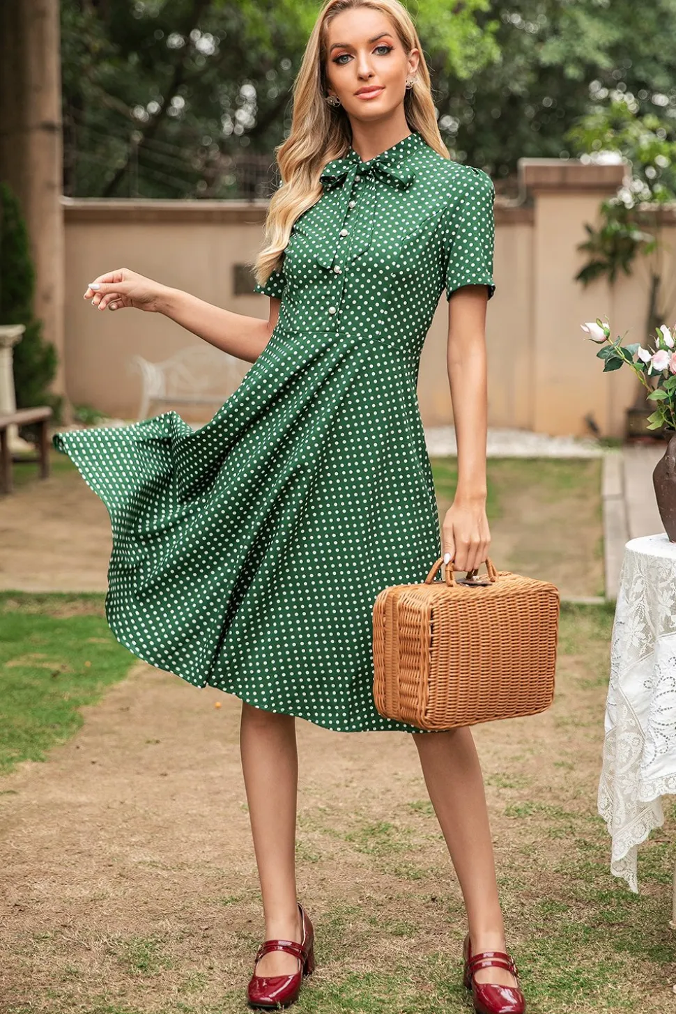 Vestido de verão vintage polka dots verdes