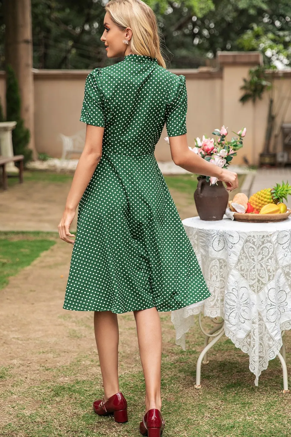 Vestido de verão vintage polka dots verdes