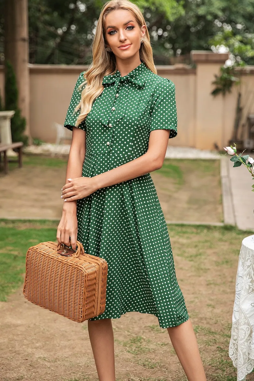 Vestido de verão vintage polka dots verdes