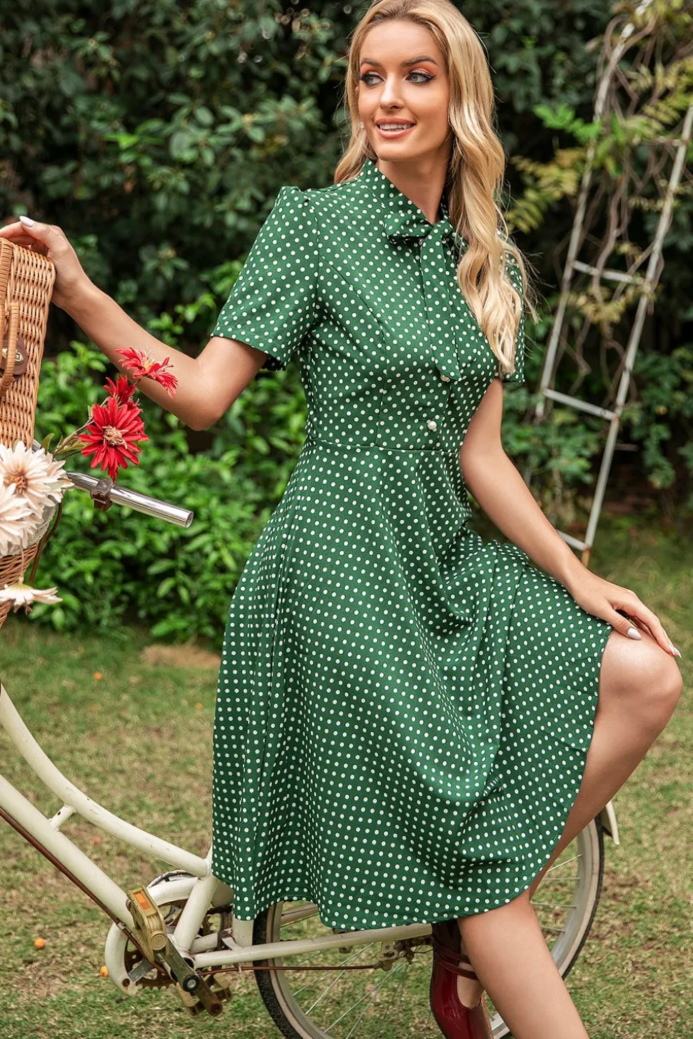 Vestido de verão vintage polka dots verdes