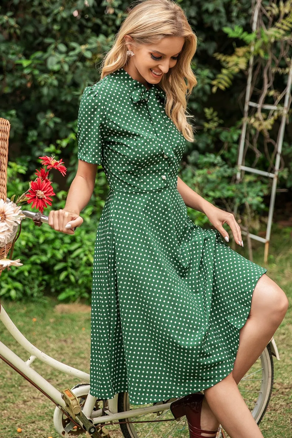 Vestido de verão vintage polka dots verdes