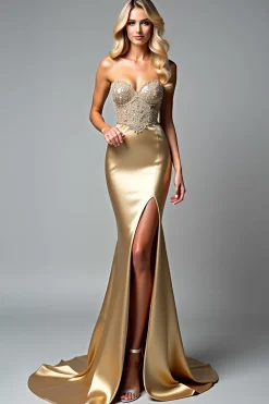 Vestido dourado de sereia sem alças com fenda