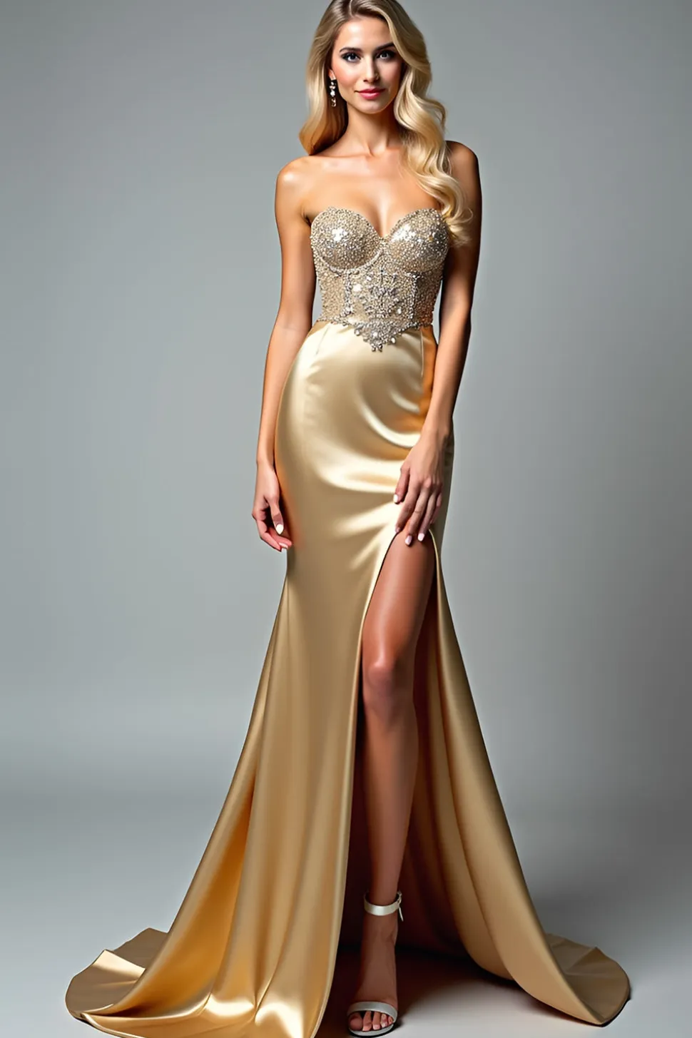 Vestido dourado de sereia sem alças com fenda