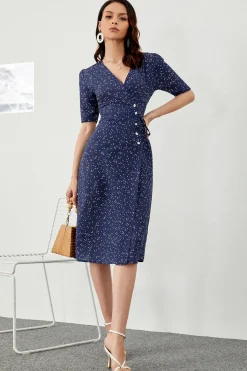 Vestido envoltório verão midi de bolinhas marinho