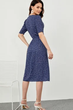 Vestido envoltório verão midi de bolinhas marinho