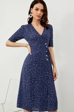 Vestido envoltório verão midi de bolinhas marinho
