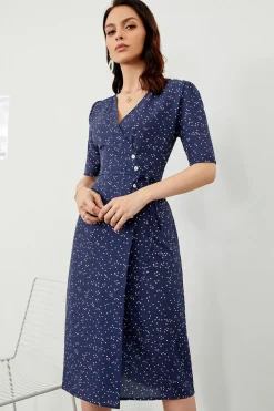 Vestido envoltório verão midi de bolinhas marinho