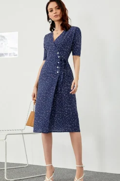 Vestido envoltório verão midi de bolinhas marinho