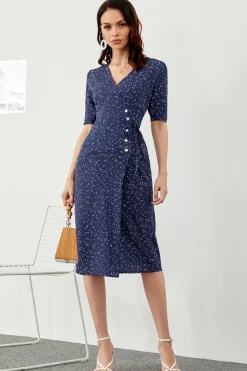 Vestido envoltório verão midi de bolinhas marinho