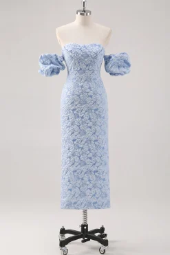 Vestido formal azul floral comprimento do chá com mangas puff